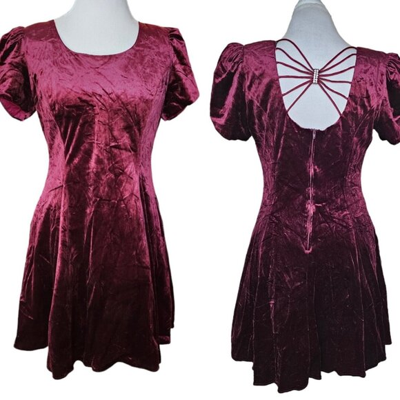 Vintage Dresses & Skirts - Vintage Womens Medium Velvet Formal Dress Strappy Back Fit N Flare 90s Burgandy